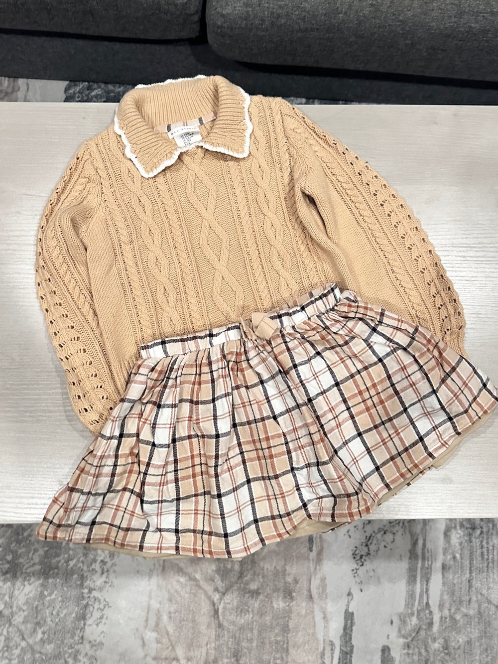 Max Studio Tan Cable Knit Sweater with Plaid Skirt matching set toddler
